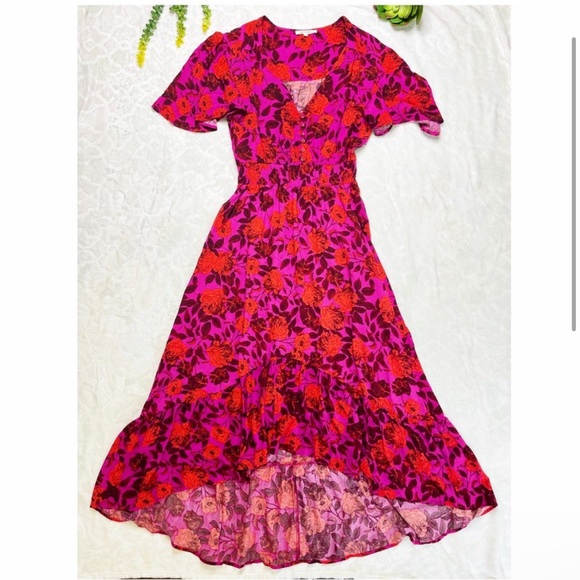 Abel the Label Floral Flutter Sleeve Fucshia Pink Red High Low Maxi Dress Medium - Picture 2 of 15